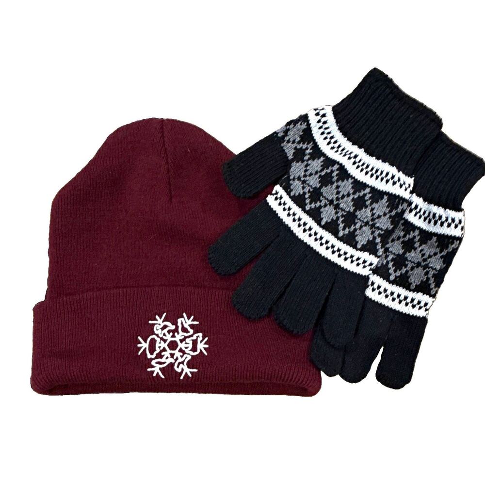 Burgundy Knit Beanie Hat & Fair Isle Gloves Set Embroidered Womens 2pc